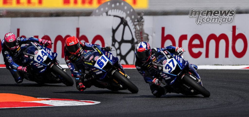 Roberto Garcia on the number 37 Yamaha leads Can Oncu and Lucas Mahias through a Magny-Cours corner.