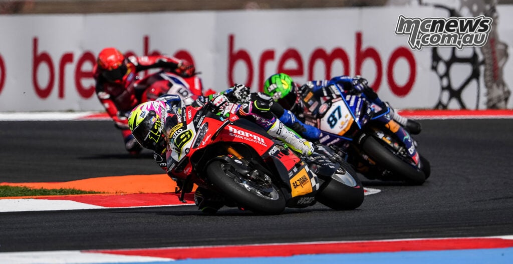 Alvaro Bautista leads Australian Remy Gardner during Race 2, in which the pair finished sixth and tenth respectively.