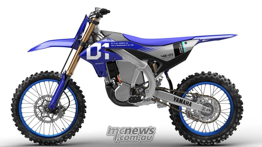 2026 Yamaha YE-01 electric motocross prototype left-side profile showing power unit and chassis