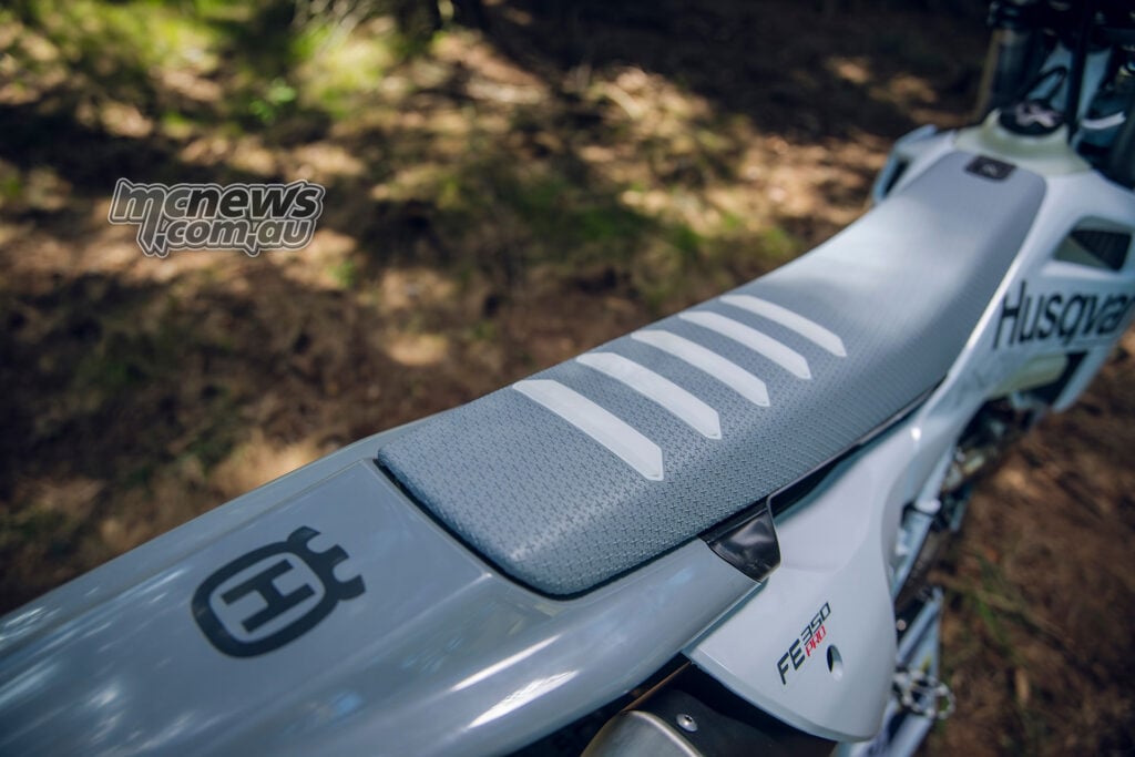 2027 Husqvarna FE 350 Pro grey ribbed seat and white grey bodywork