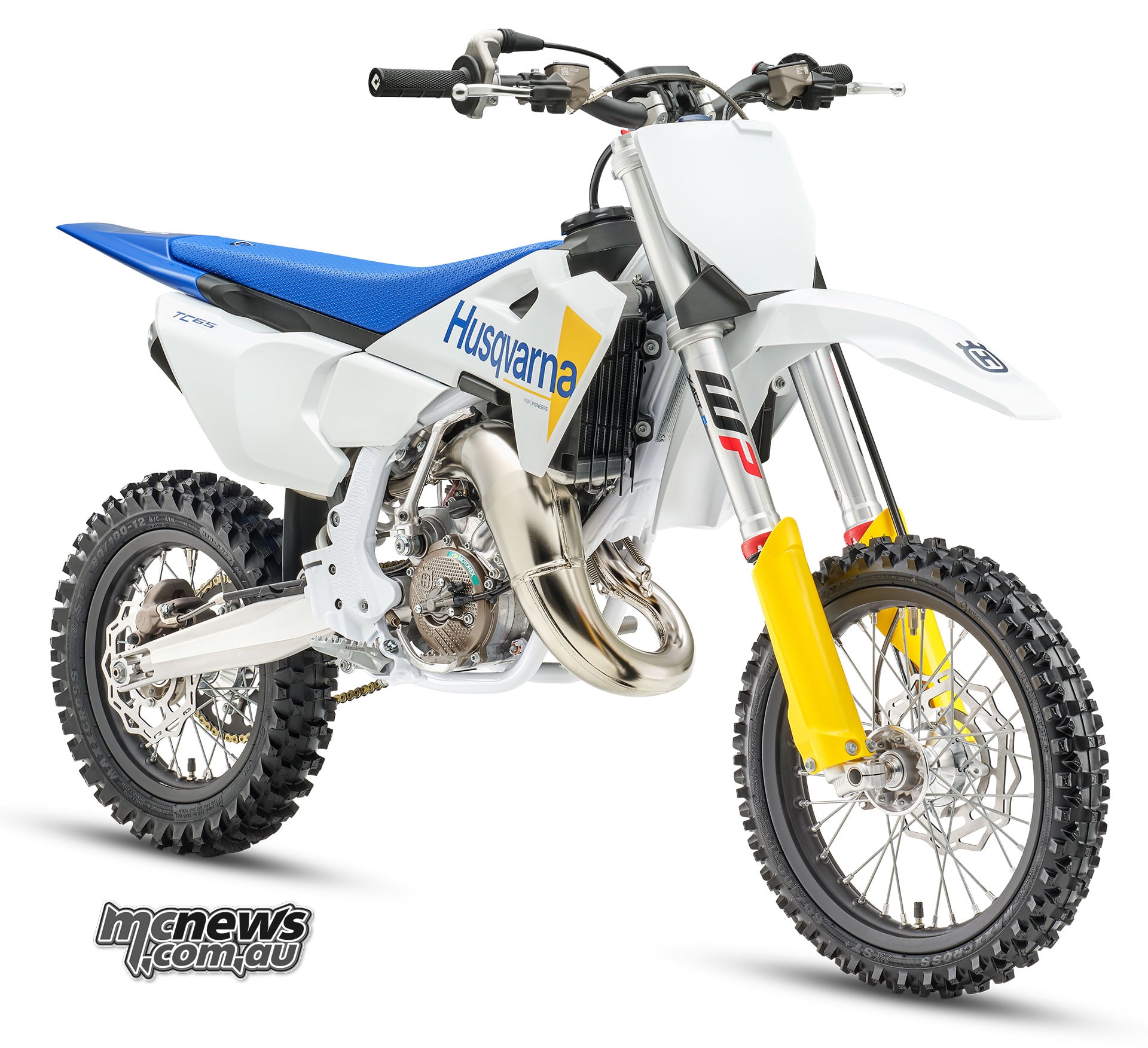 Front three-quarter studio view of the 2027 Husqvarna TC 65 showing its revised graphics and blue seat.