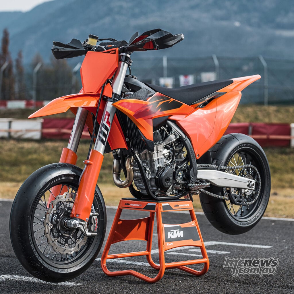 2027 KTM 450 SMR on a paddock stand showing WP XACT forks, slick tyres and Brembo front brake