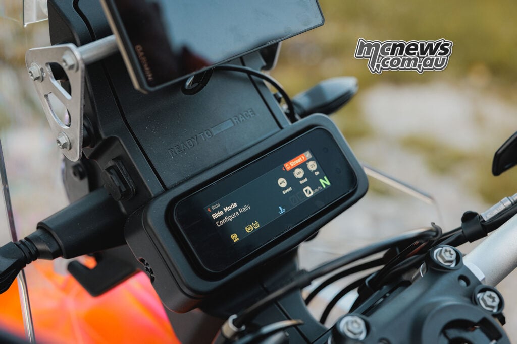 2027 KTM 690 Rally 4.2-inch TFT display showing Street ride mode and Rally configuration menu