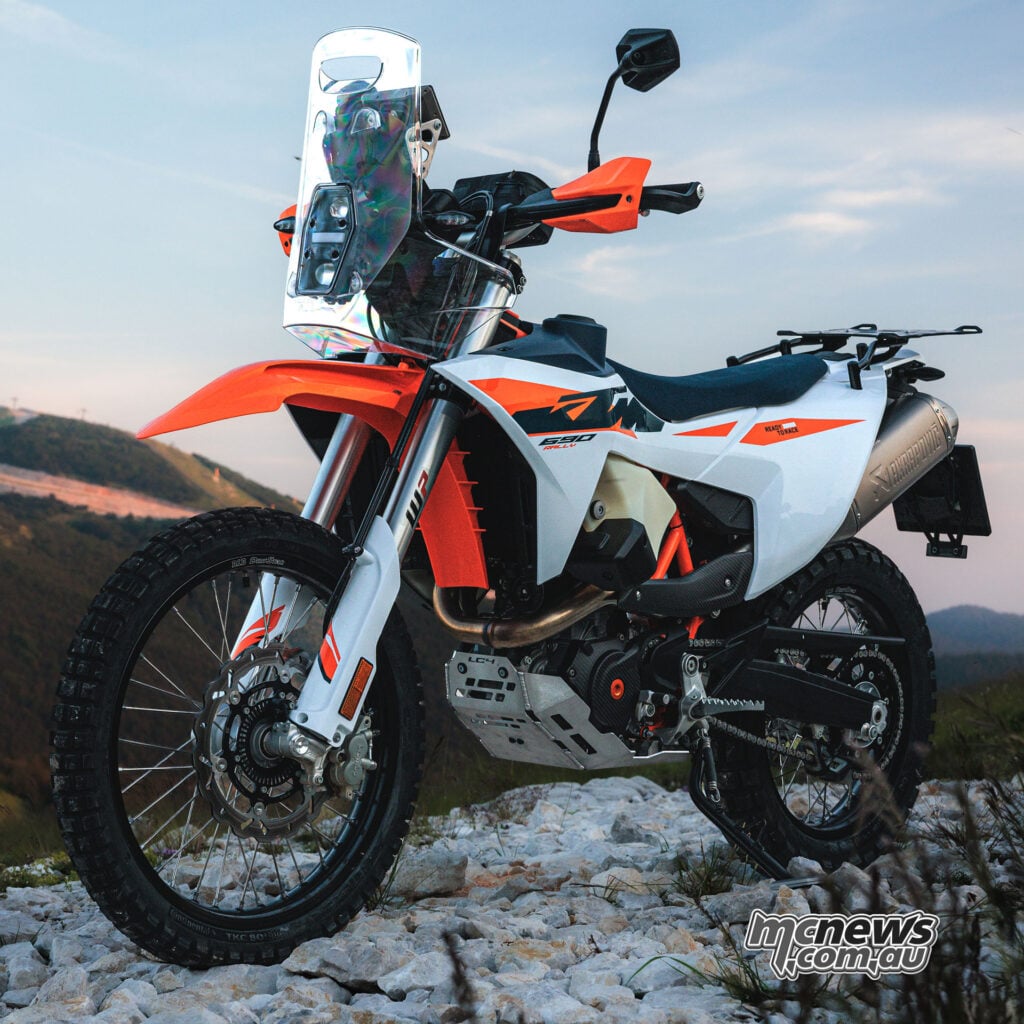 2027 KTM 690 Rally side profile showing rally screen, bodywork and 21-inch front wheel