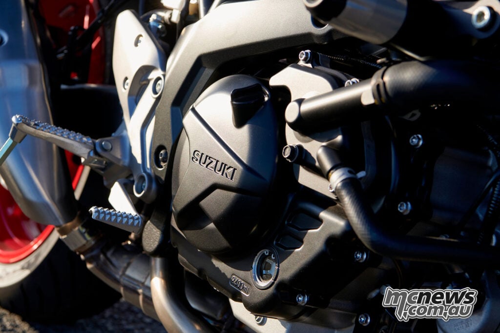 Close-up of the Suzuki SV-7GX 645 cc V-twin engine and right-side crankcase
