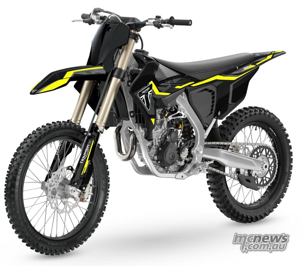 Black bodywork with yellow and grey graphics gives the 2027 Triumph TF 250-X a revised look, alongside engine, suspension and chassis updates.