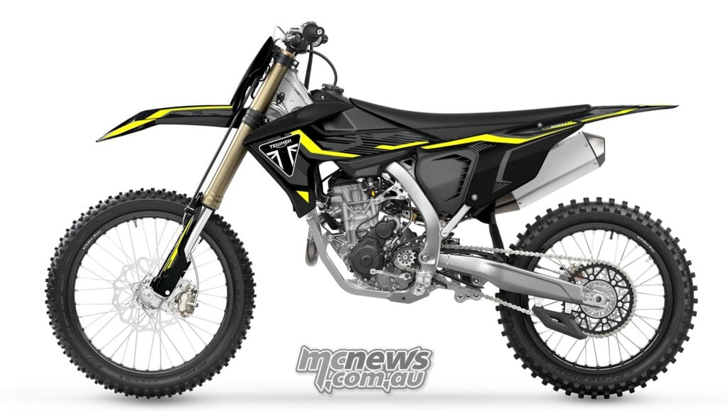 Left-side profile of the 2027 Triumph TF 250-X showing its drive chain, rear sprocket, aluminium frame and black bodywork.