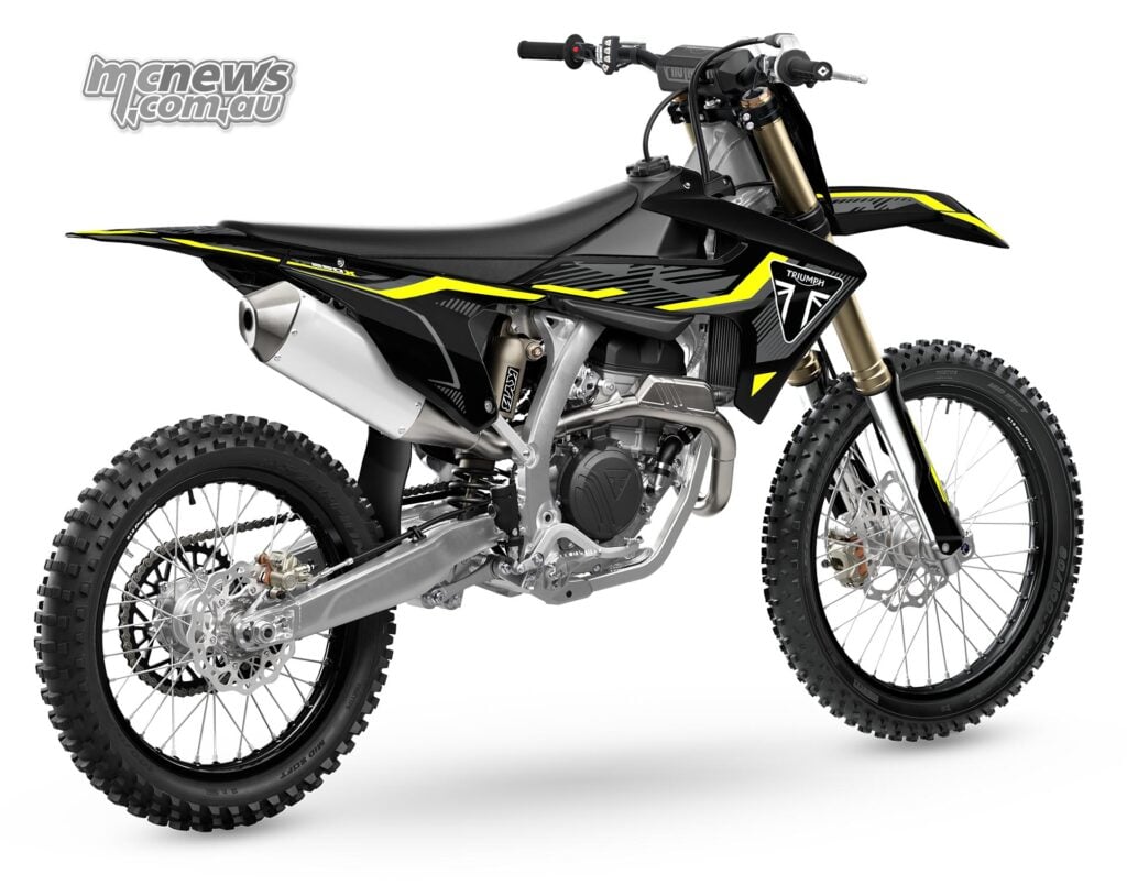 Rear right three-quarter view of the 2027 Triumph TF 250-X showing the silencer, KYB shock and rear brake.