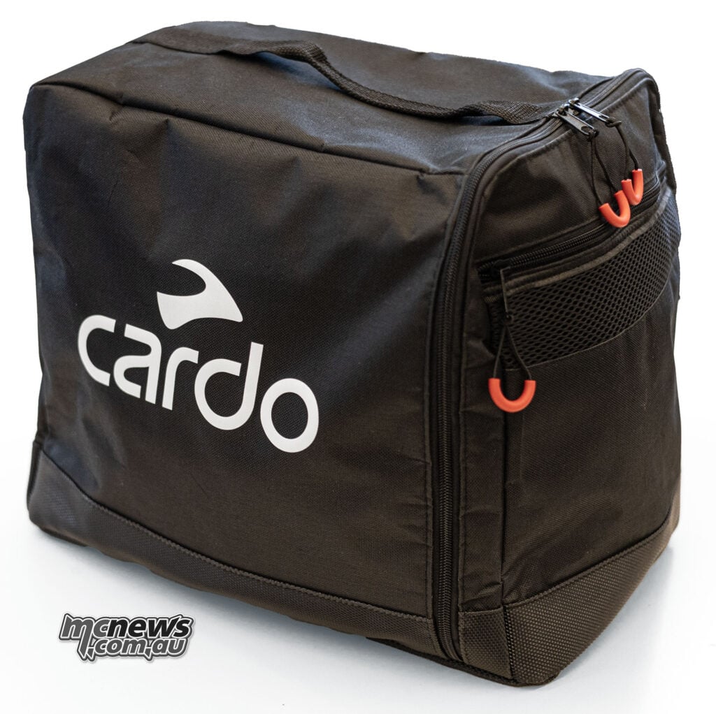 Black zippered Cardo helmet bag with a white Cardo logo and orange zip pulls.