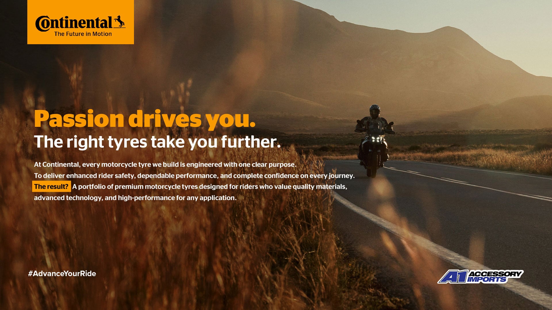 Continental motorcycle tyre campaign featuring an adventure rider on a mountain road with A1 Accessory Imports branding