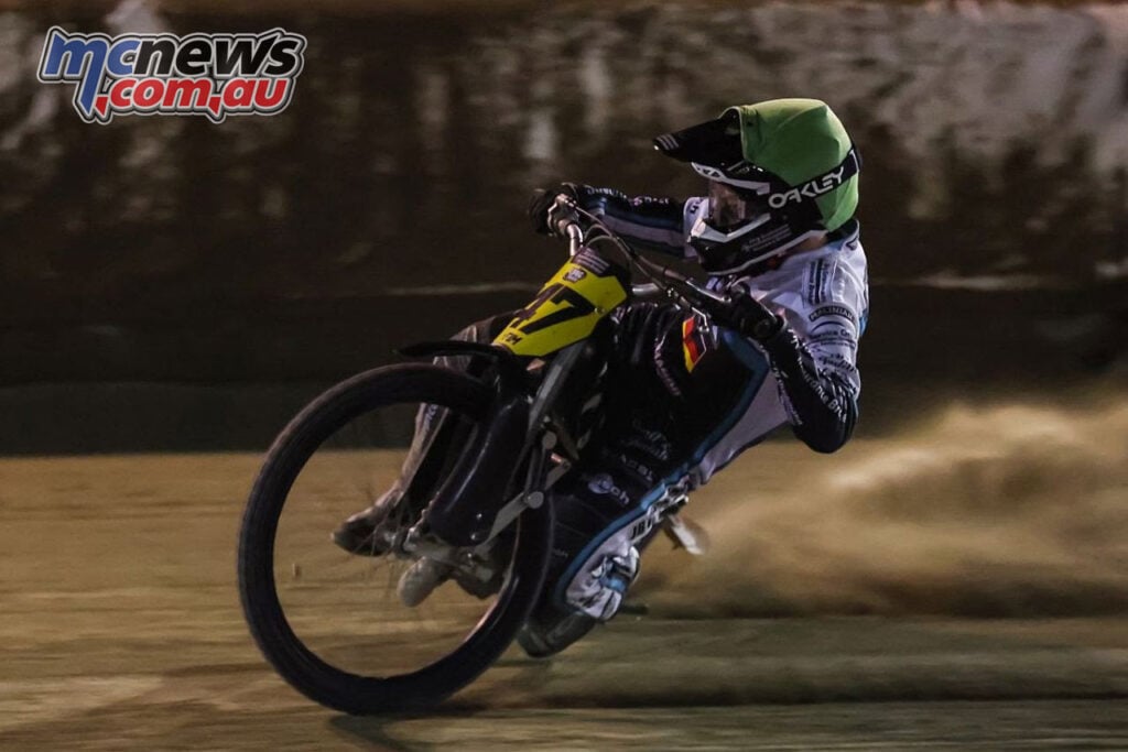 Erik Riss at the 2026 FIM Long Track World Championship in Morizès - Image by Jesper Veldhuizen