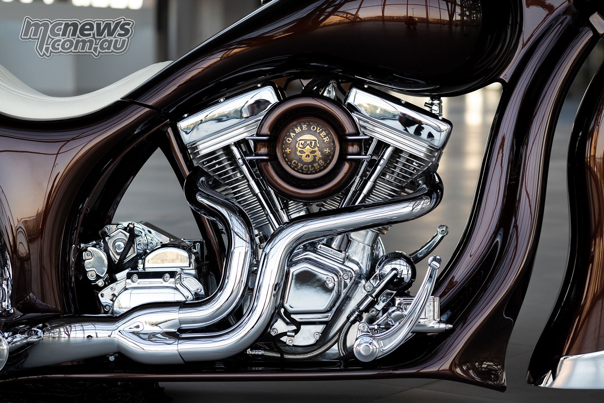 Slow Burn’s polished V-twin engine, Game Over Cycles air-filter cover and curved chrome exhaust headers