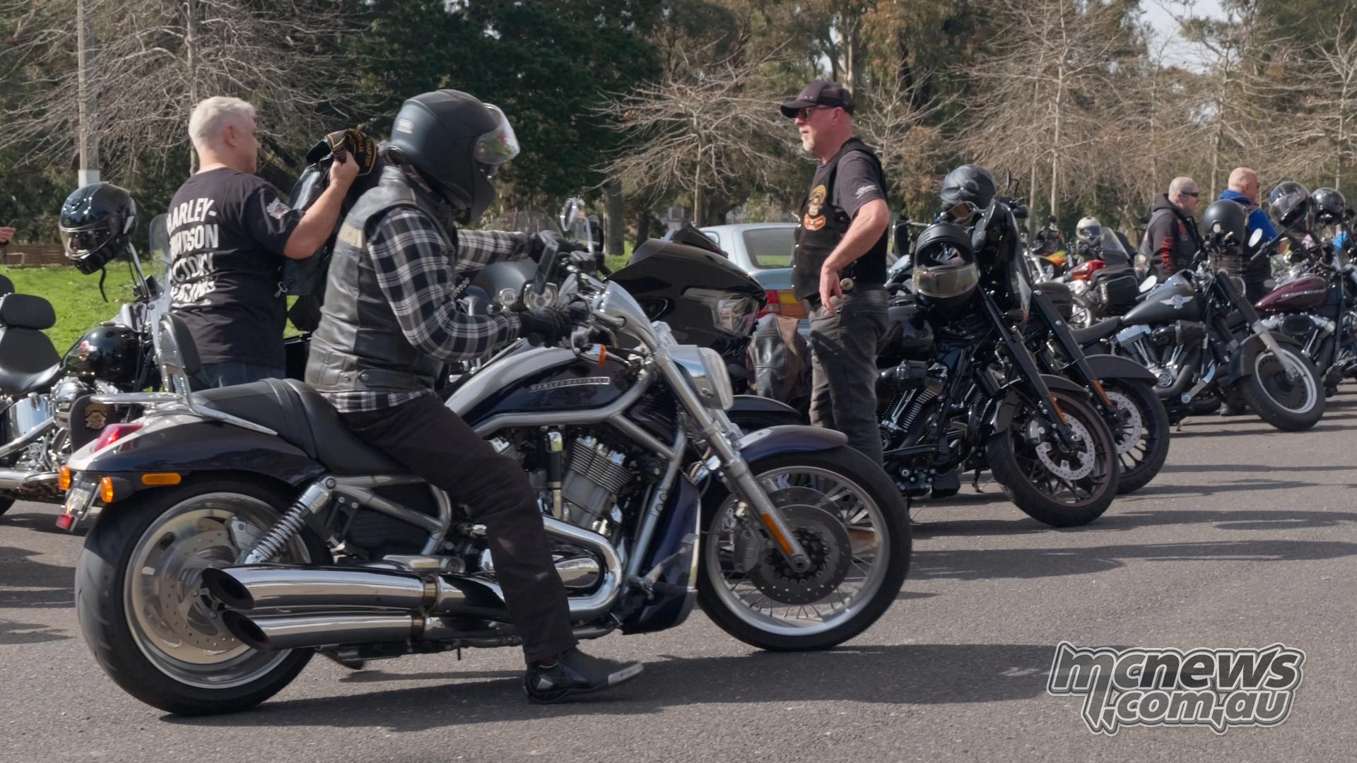 Harley-Davidson riders and motorcycles lined up during the 2026 United We Ride charity event