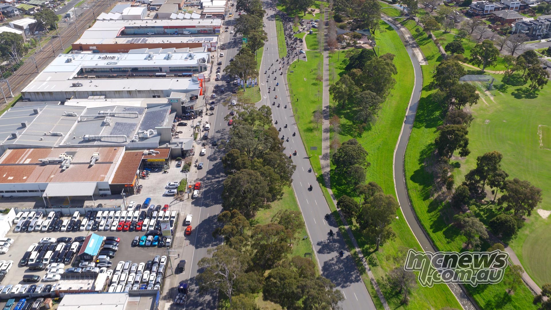 Aerial view of motorcycle riders travelling along a road during the 2026 Harley-Davidson United We Ride charity event