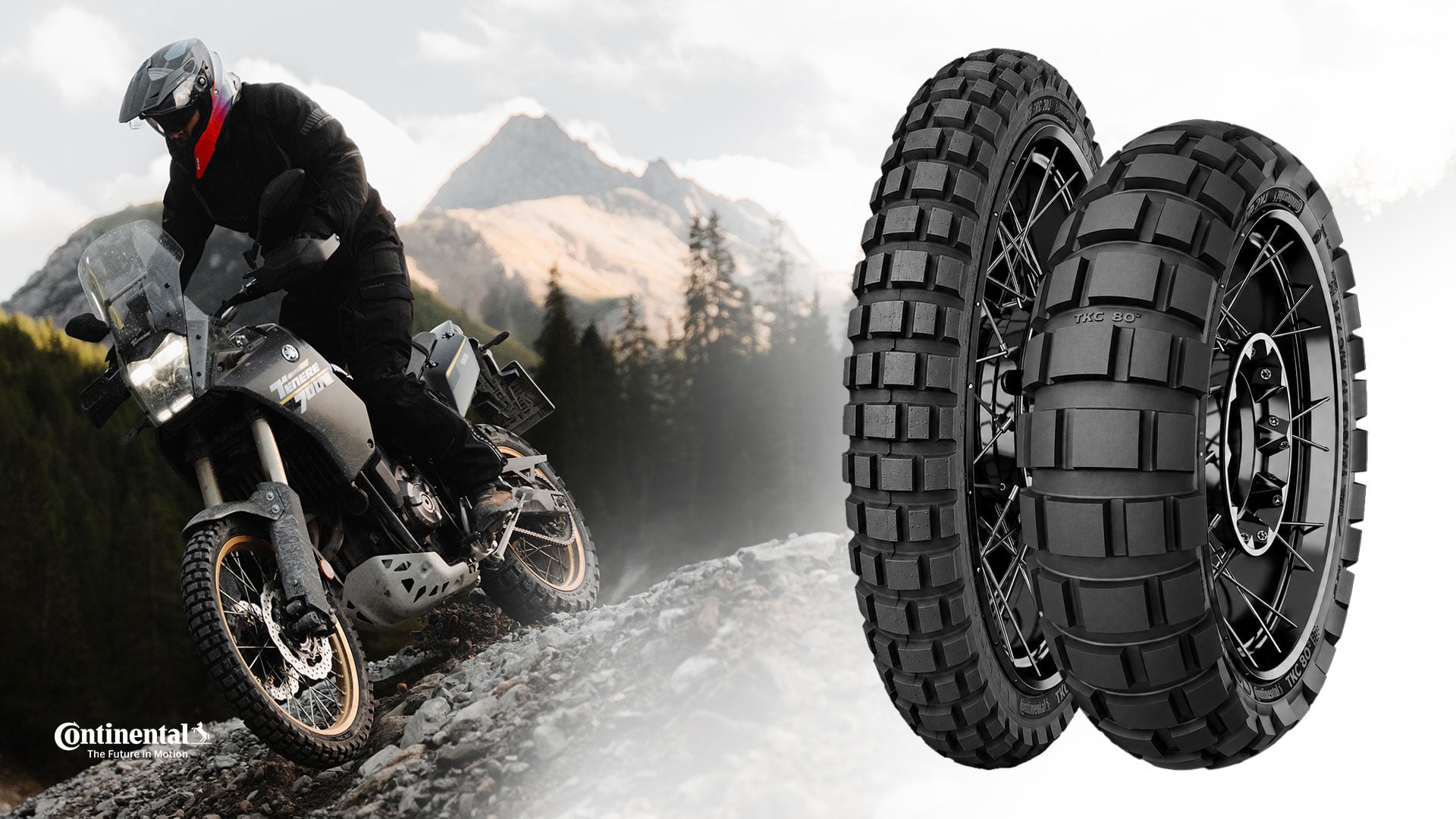 Continental TKC 80² adventure motorcycle tyres beside an adventure bike being ridden off-road in mountainous terrain