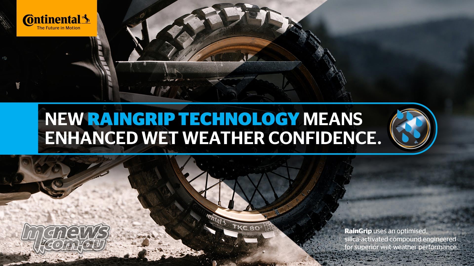 Continental TKC 80² RainGrip technology graphic showing a knobbly adventure tyre on gravel and wet bitumen, illustrating the silica-activated compound