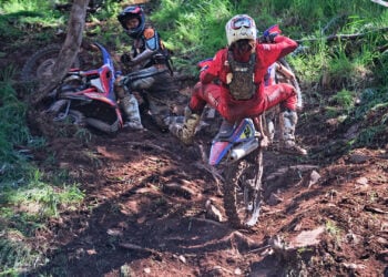 Ruben Chadwick climbs a steep rocky section during the 2026 Australian Hard Enduro Championship finale.