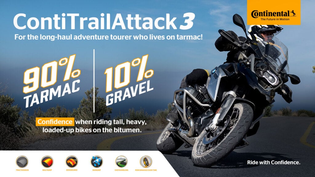 Continental ContiTrailAttack 3 graphic showing a BMW adventure motorcycle cornering on bitumen beside a 90 per cent tarmac and 10 per cent gravel message.