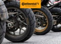 Rear wheels of adventure motorcycles fitted with Continental ContiTrailAttack 3 tyres, with the Continental logo above.