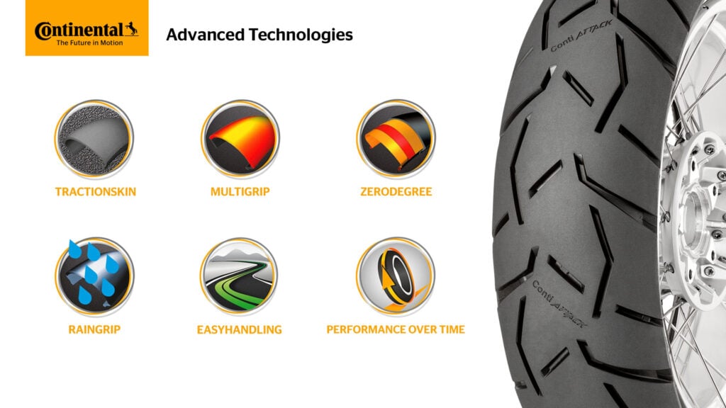 Continental technology graphic listing TractionSkin, MultiGrip, ZeroDegree, RainGrip, EasyHandling and Performance Over Time beside a motorcycle tyre.