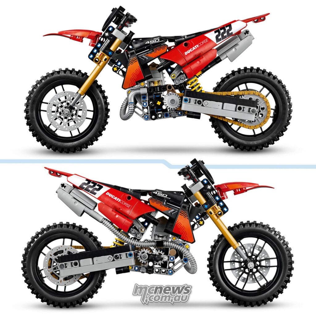 Two views showing opposite sides of the LEGO Ducati Desmo450 MX Factory, including the chain drive, engine gears and high-mounted silencer.