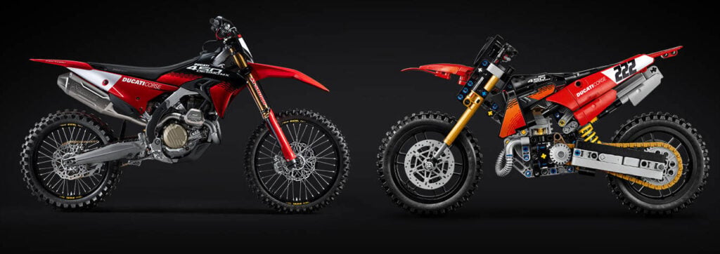 The real Ducati Desmo450 MX Factory on the left beside its LEGO Technic model on the right against a black background.