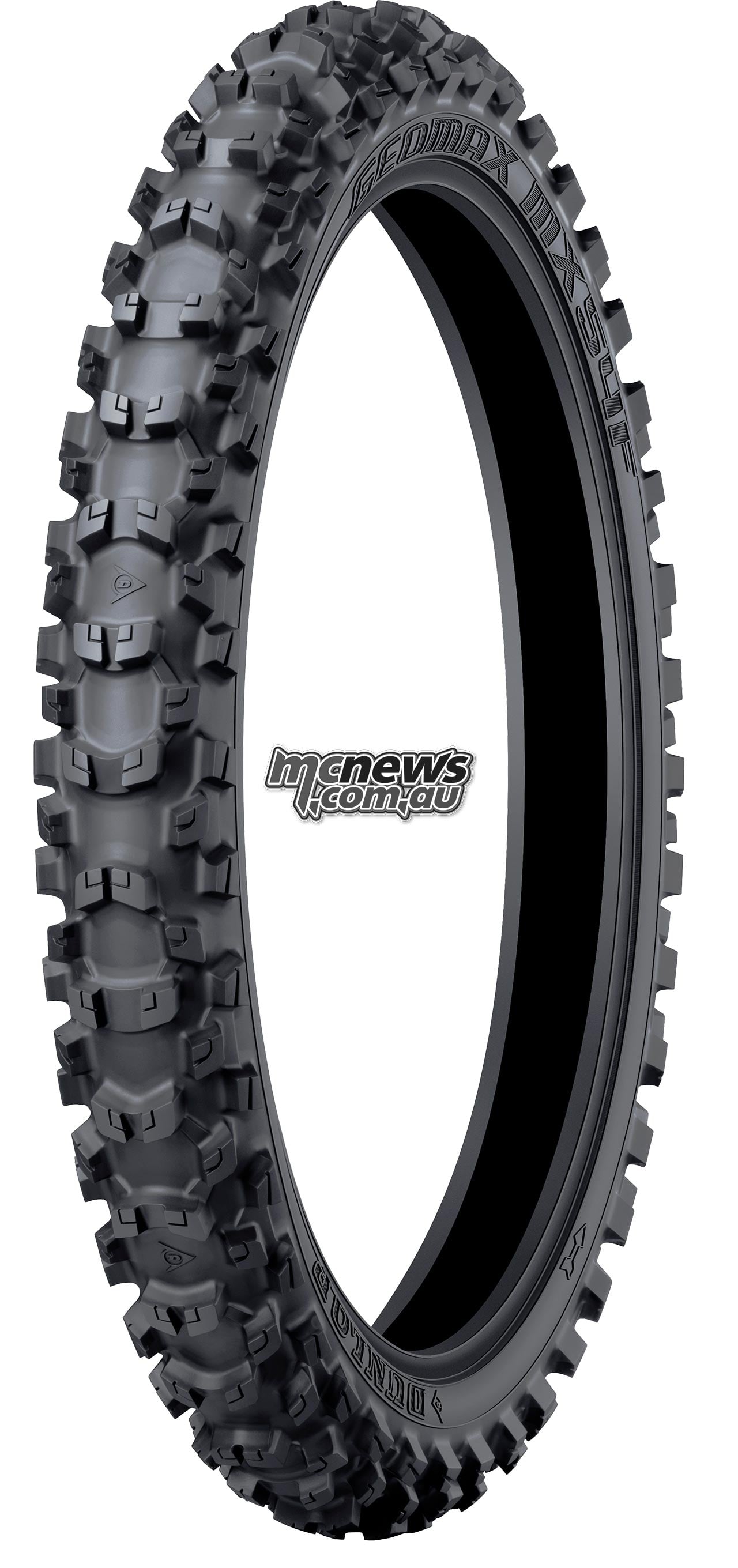 Studio product image of the Dunlop Geomax MX54 front motocross tyre showing its revised tread arrangement and central groove.