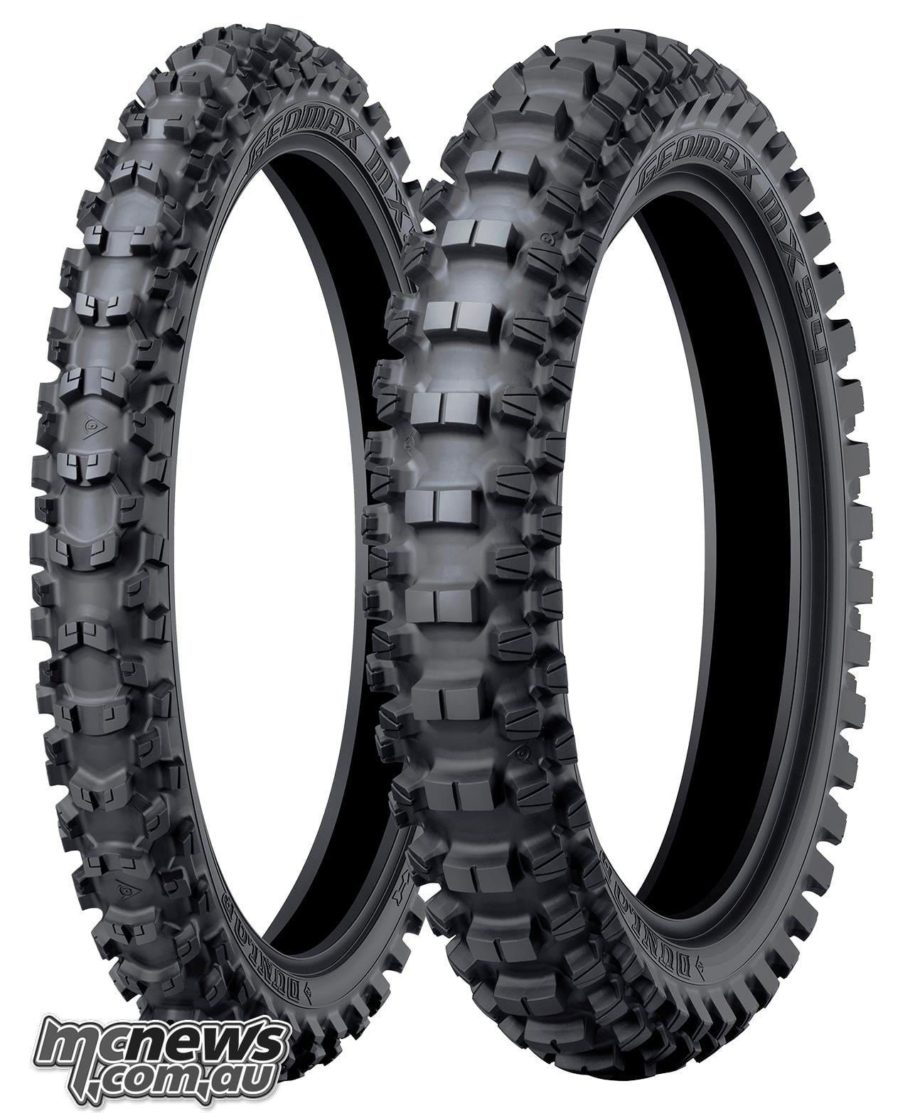 Dunlop Geomax MX54 motocross front and rear tyres in a studio product image, showing their distinct centre and shoulder tread designs.