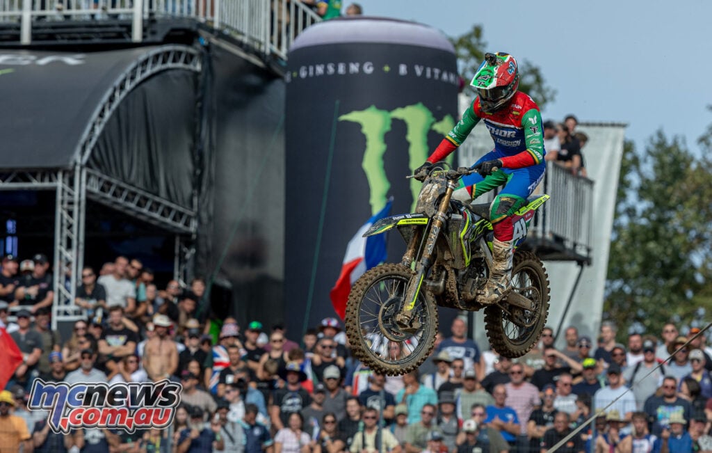 Camden McLellan racing his Triumph at the 2026 Motocross of Nations in Ernée