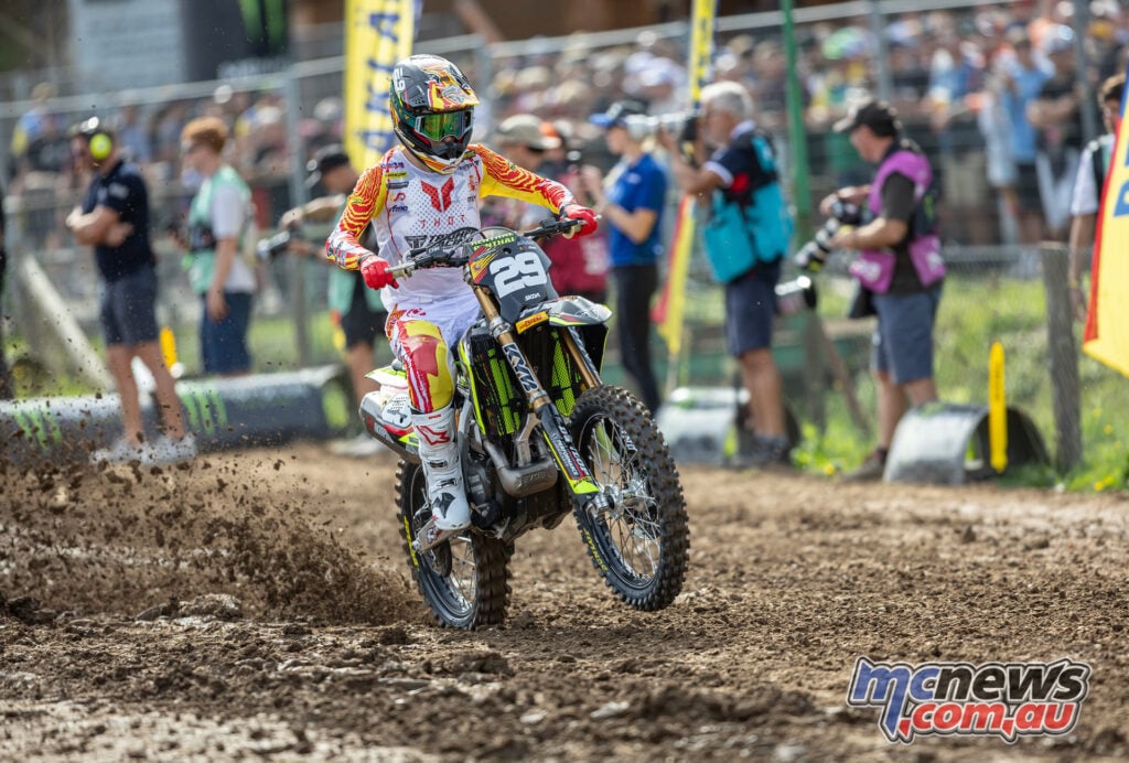 Guillem Farres racing his Triumph at the 2026 Motocross of Nations in Ernée