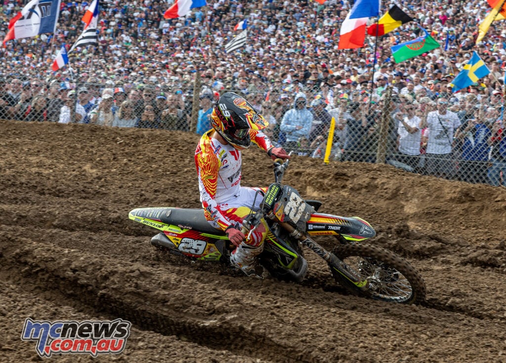Guillem Farres racing his Triumph at the 2026 Motocross of Nations in Ernée