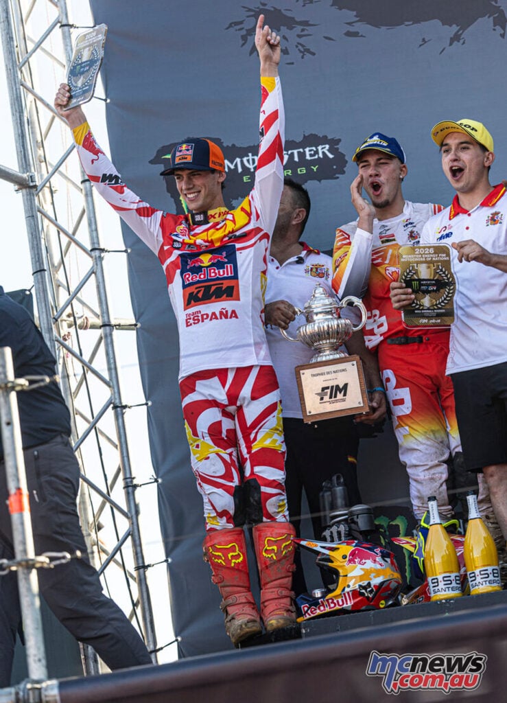 Jorge Prado, Guillem Farres and Francisco Garcia celebrate Spain's 2026 MXoN podium