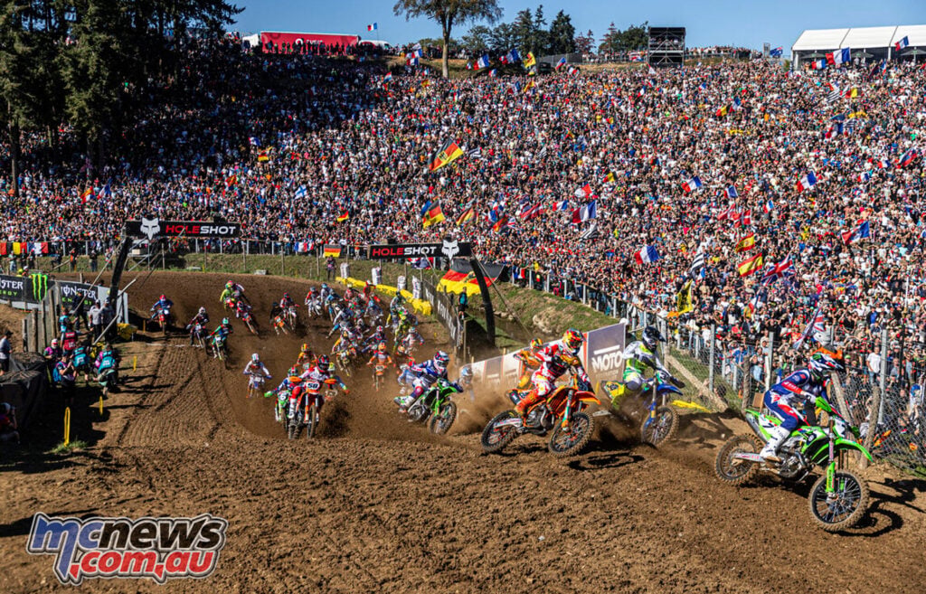 Romain Febvre and Jorge Prado launch from the start at the 2026 Motocross of Nations in Ernée