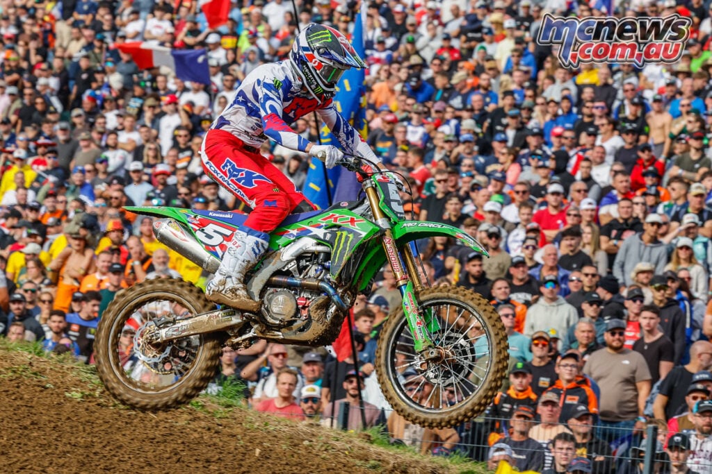 Levi Kitchen racing his Kawasaki for Team USA at the 2026 Motocross of Nations