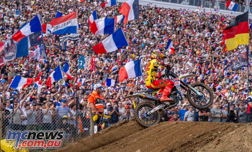 Liam Everts racing in front of the packed Ernée crowd at the 2026 Motocross of Nations.