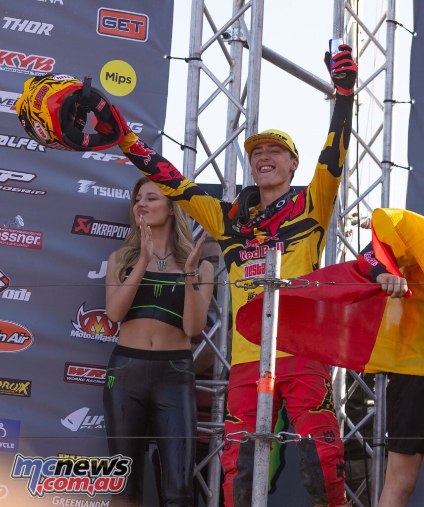 Liam Everts celebrates Belgium’s 2026 Motocross of Nations victory at Ernée.