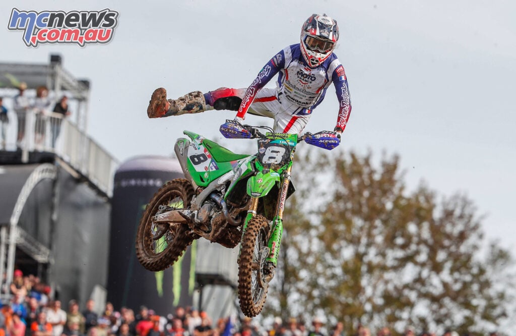 Mathis Valin racing his Kawasaki for France at the 2026 MXoN in Ernée
