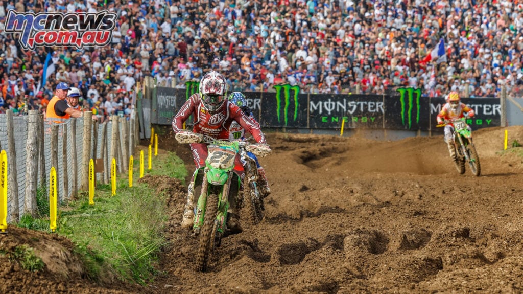 Pauls Jonass racing his Kawasaki for Latvia at the 2026 Motocross of Nations