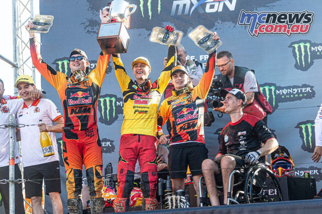 Team Belgium celebrates winning the 2026 FIM Motocross of Nations at Ernée