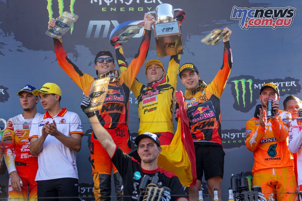 Team Belgium celebrates its 2026 Motocross of Nations victory at Ernée