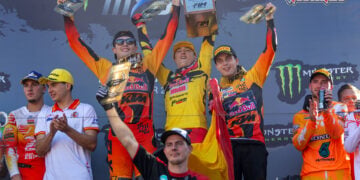 Team Belgium celebrates winning the 2026 Motocross of Nations at Ernée.