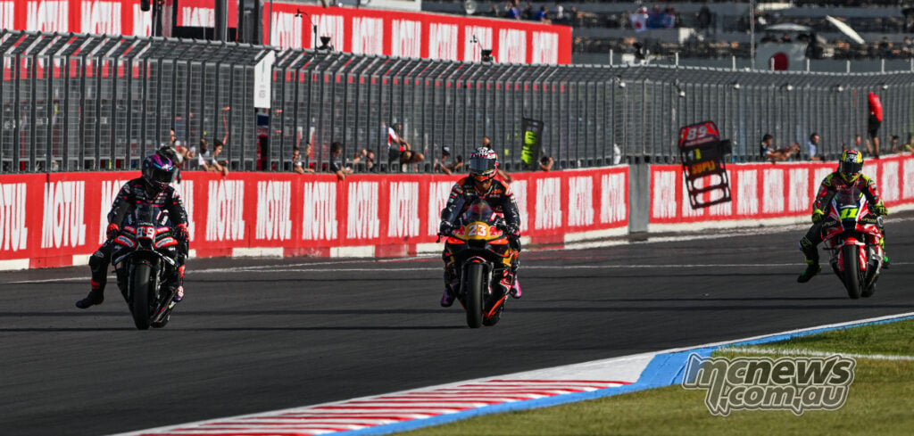 Jorge Martin, Enea Bastianini and Diogo Moreira race towards the finish of the Motegi MotoGP Sprint.