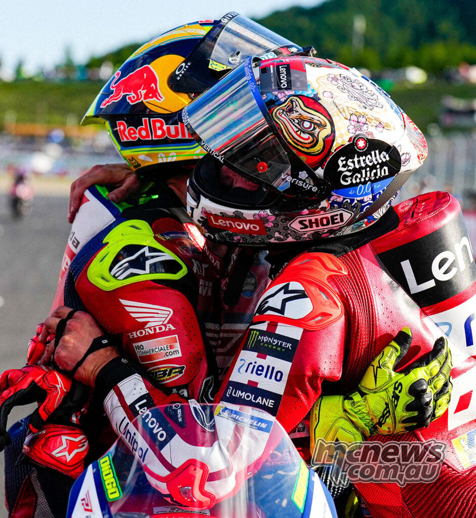 Marc Marquez embraces Diogo Moreira after the 2026 Motegi MotoGP Sprint.