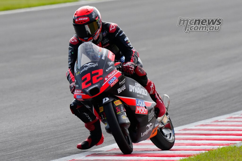 David Almansa rides the number 22 Moto3 machine during qualifying at Motegi.