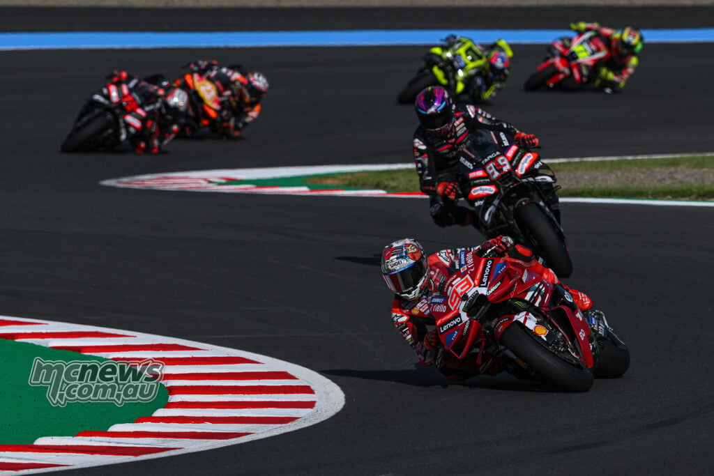 Marc Marquez leads the front group during the early laps of the 2026 Motegi MotoGP Sprint.