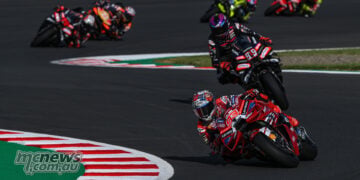 Marc Marquez leads the front group during the early laps of the 2026 Motegi MotoGP Sprint.