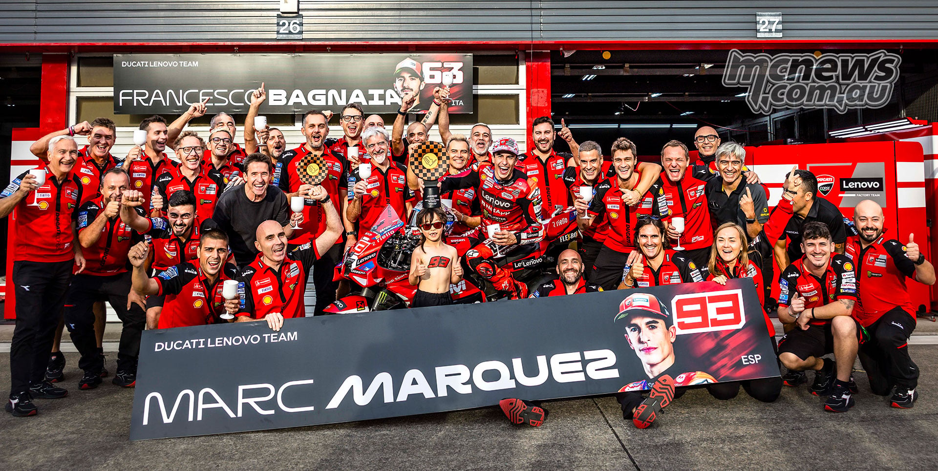 Marc Marquez celebrates with the Ducati Lenovo Team after winning the Japanese MotoGP at Motegi