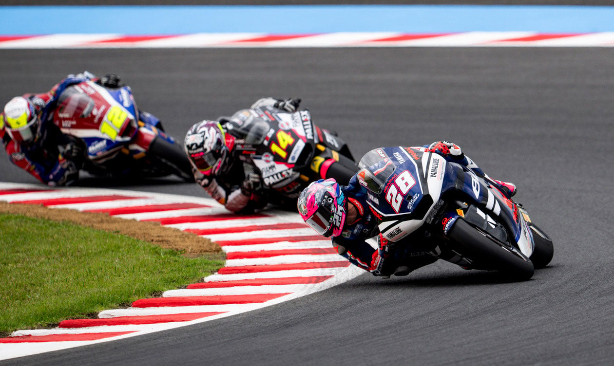 Izan Guevara leads Tony Arbolino and Filip Salac during the Moto2 Japanese Grand Prix at Motegi