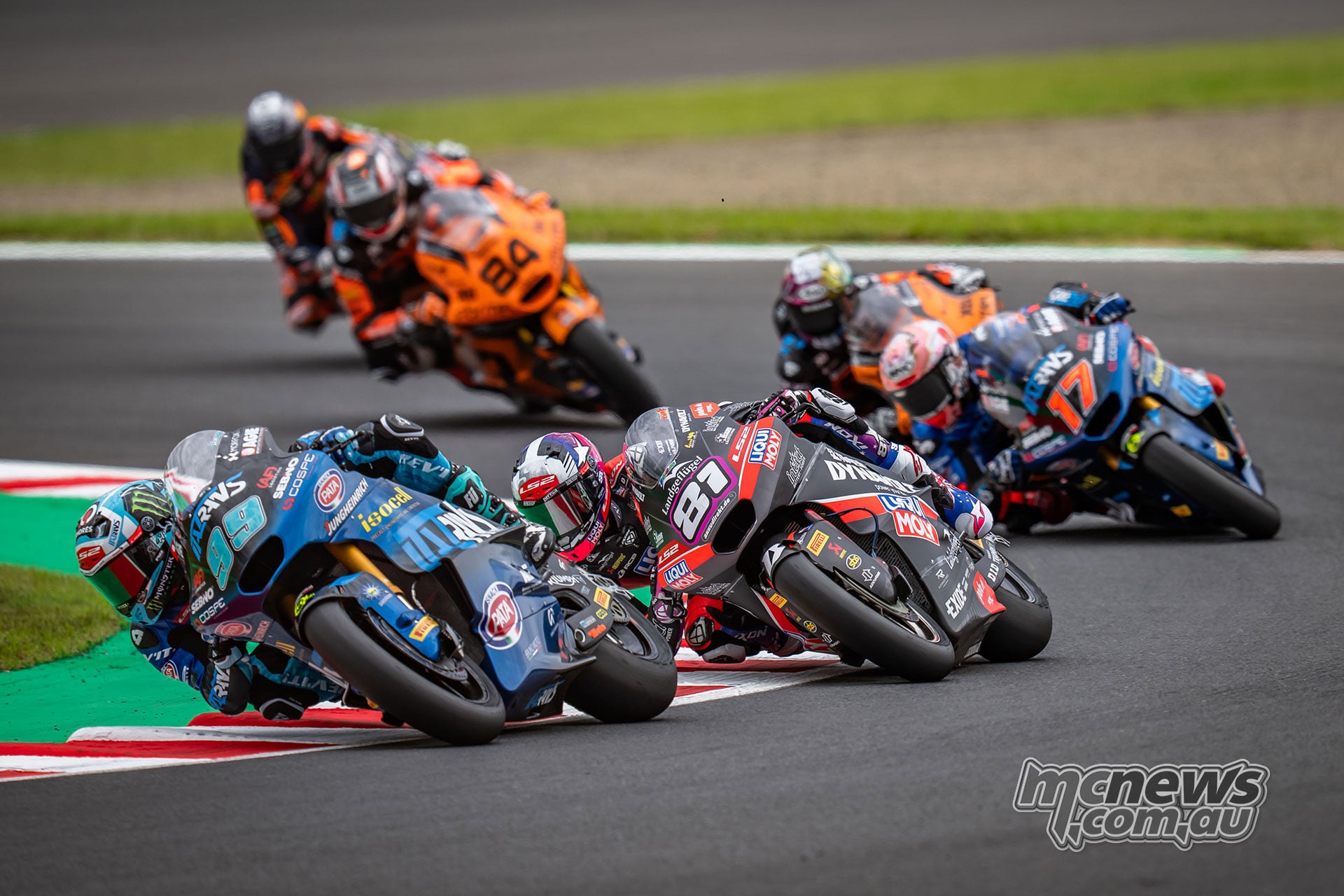 Senna Agius races with Adrian Huertas and Daniel Munoz during the Moto2 Japanese Grand Prix
