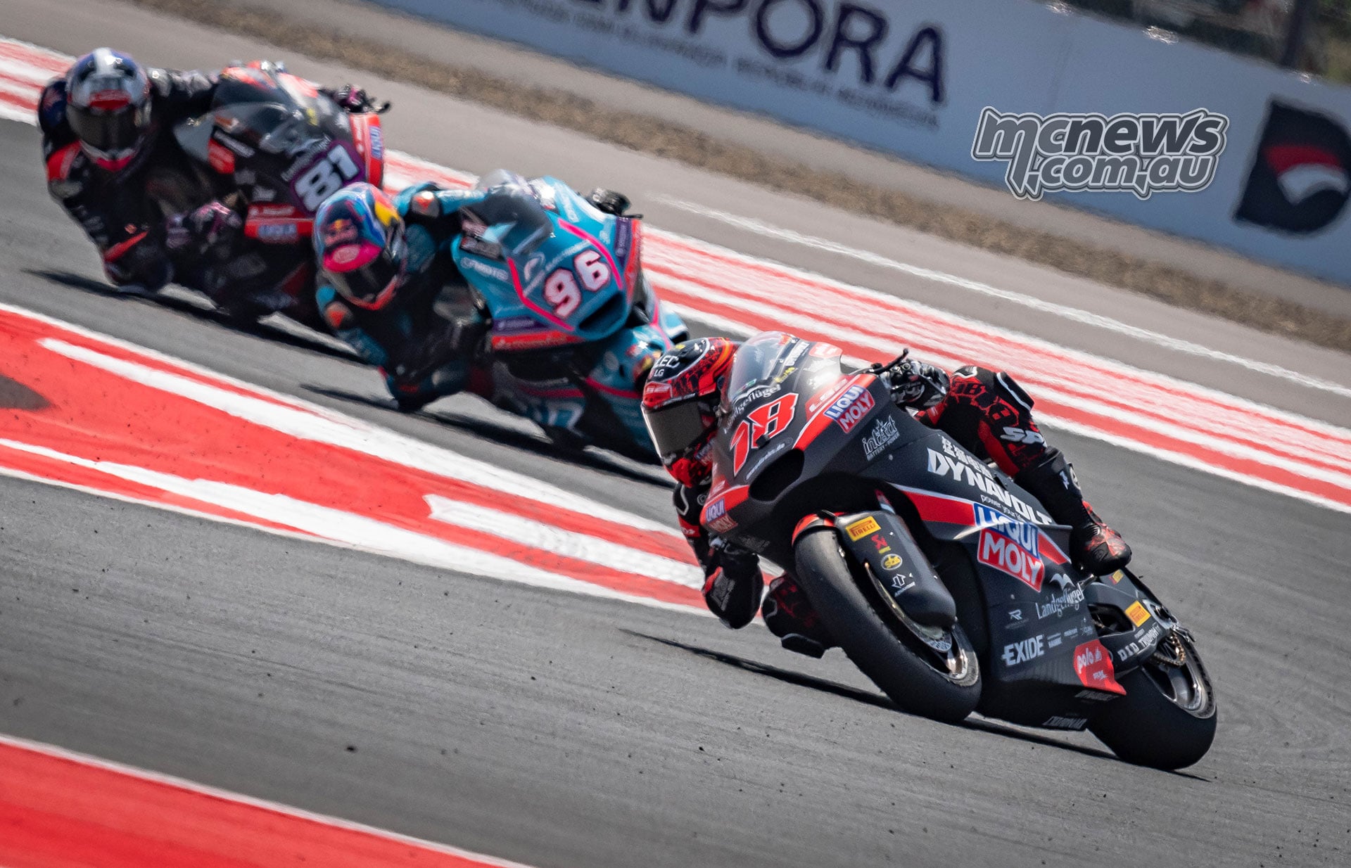 Manuel Gonzalez leads Daniel Holgado and Senna Agius through a right-hand corner at Mandalika.